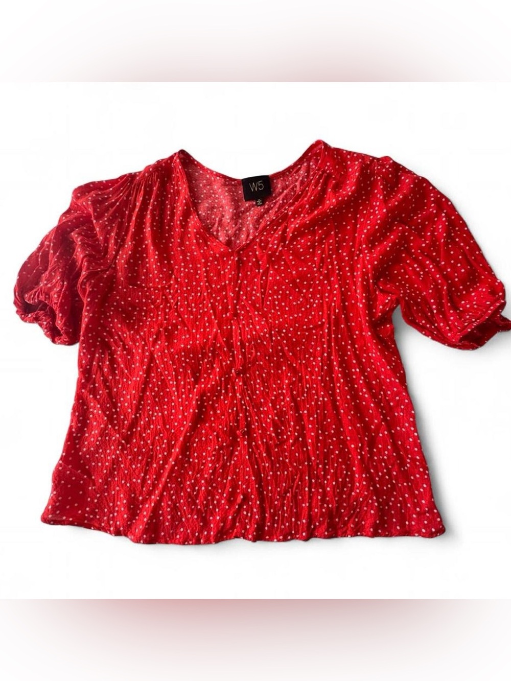Polka Dot Red White V-Neck Puff Short Sleeve Blouse Women's Retro Chic Top M